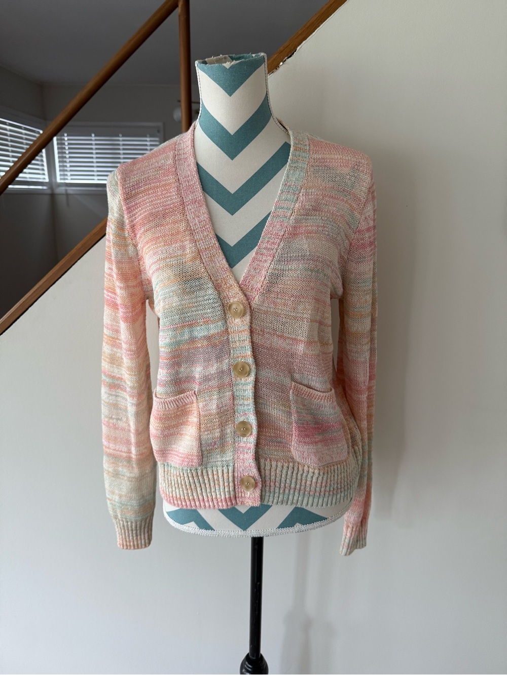 J. Crew Pastel Pink Cream Multi-Color V-Neck Cardigan